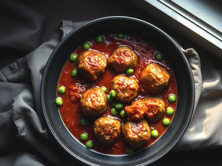 Cazuela de albóndigas en salsa de tomate con guisantes