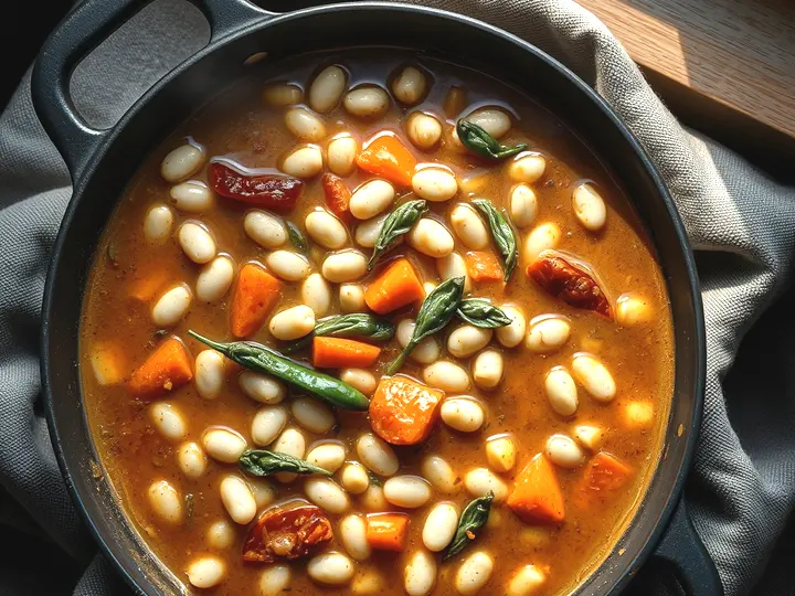 Cazuela de alubias blancas con pimiento y zanahoria en caldo espeso