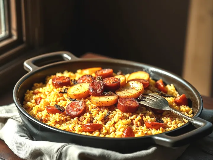 Fuente de arroz al horno con rodajas de patata y chorizo doradas