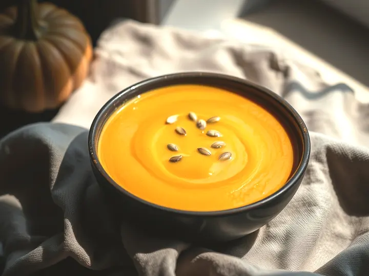 Cuenco de crema de calabaza naranja con hilo de aceite y semillas
