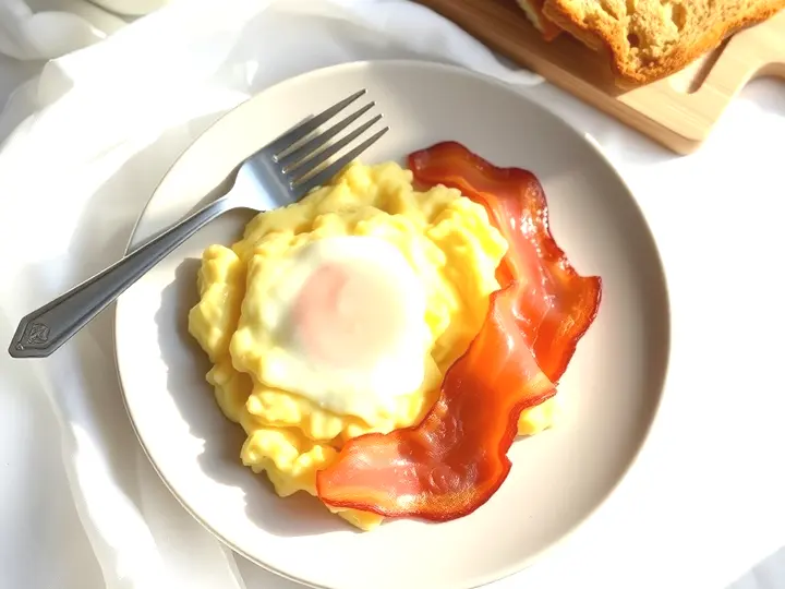 Huevos revueltos cremosos con lonchas de bacon crujiente en un plato claro
