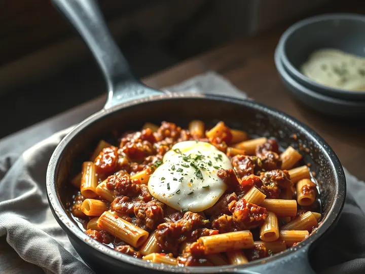 Sartén con pasta corta en salsa de carne y mozzarella gratinada