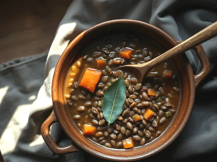 Olla de barro con lentejas guisadas, zanahoria y laurel, vista cenital
