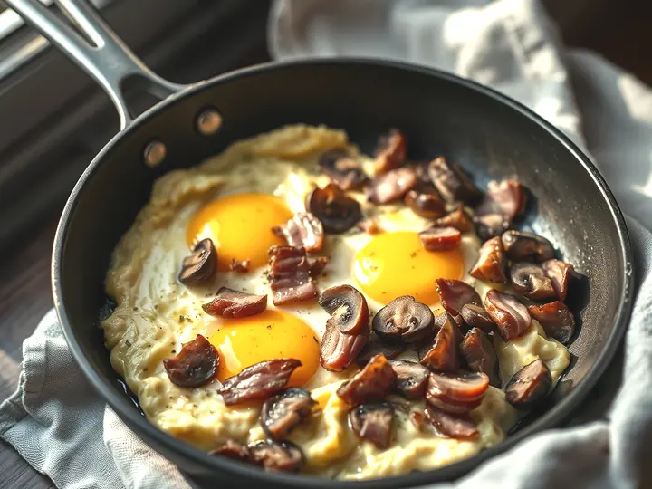 Sartén con revuelto cremoso de huevo, champiñones y jamón serrano