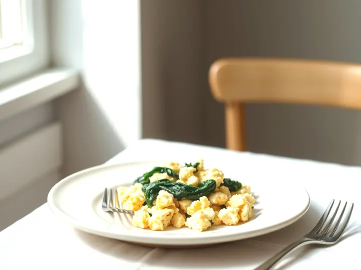 Revuelto de tofu desmenuzado con espinacas y un tenedor apoyado al lado