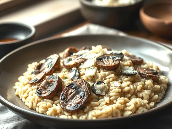 Plato de risotto cremoso con champiñones laminados y parmesano