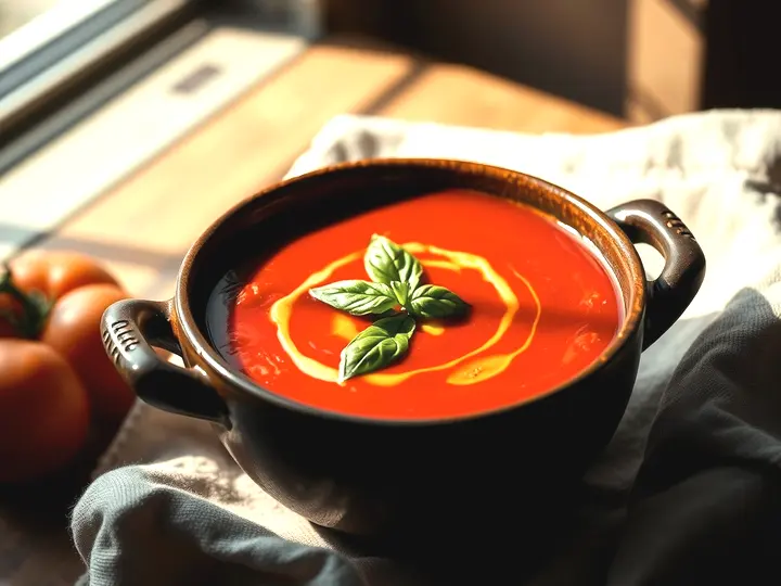 Cuenco de sopa de tomate asado con albahaca y aceite de oliva