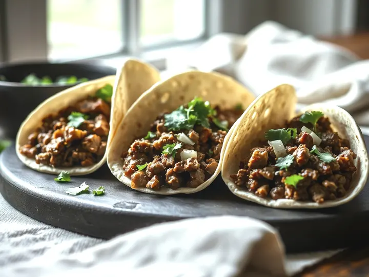 Tres tacos abiertos con carne picada, cebolla y cilantro
