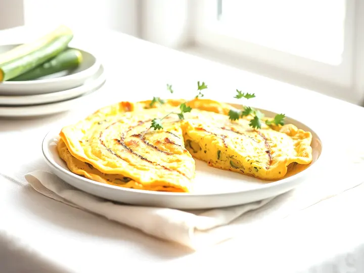 Tortilla gruesa de calabacín cortada en cuñas sobre un plato claro